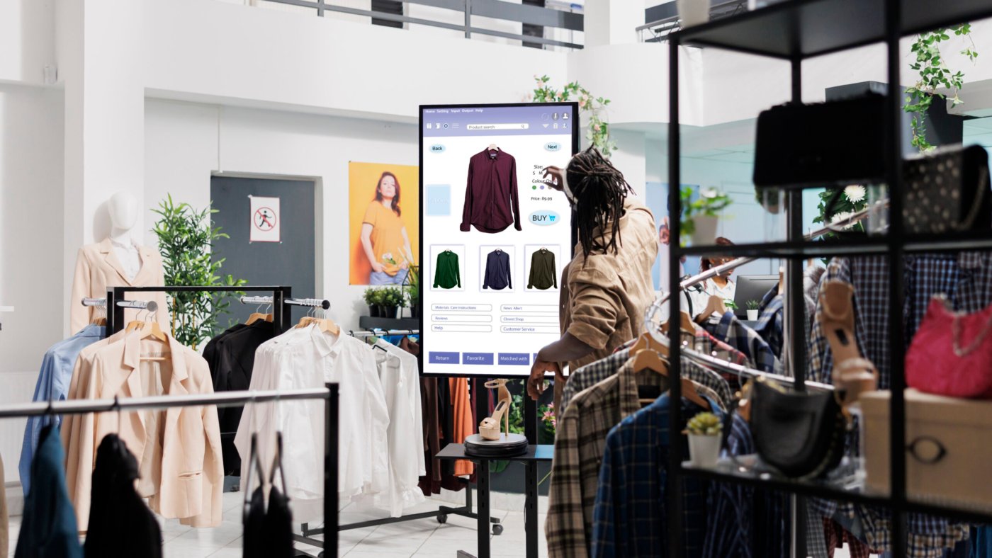 African american man looks at clothes online on touch screen monitor in fashion boutique at mall, self service board. Male customer looking for trendy clothes and items on retail kiosk display.