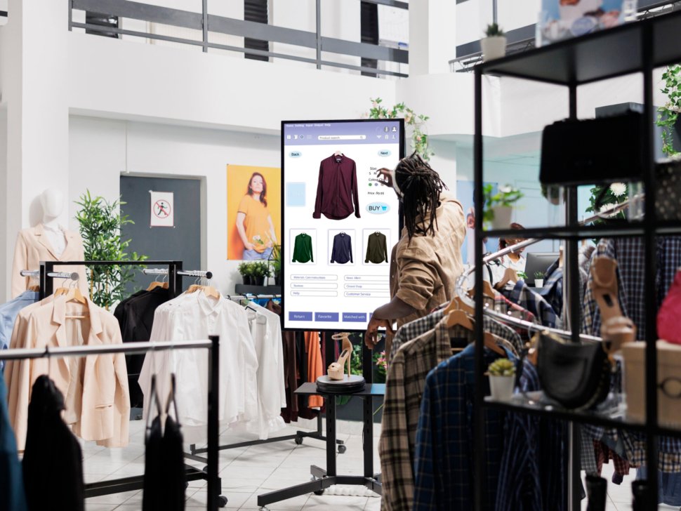 African american man looks at clothes online on touch screen monitor in fashion boutique at mall, self service board. Male customer looking for trendy clothes and items on retail kiosk display.